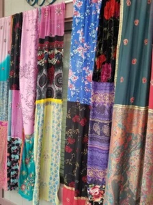 2 Pcs Indian Sari Patchwork Curtain Drape Window Decor Multi Silk Sari Curtain - Picture 1 of 4