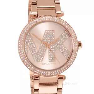 Michael Kors Parker Womens Pave Crystals Watch, MK Logo Dial, Rose Gold Steel - Picture 1 of 8