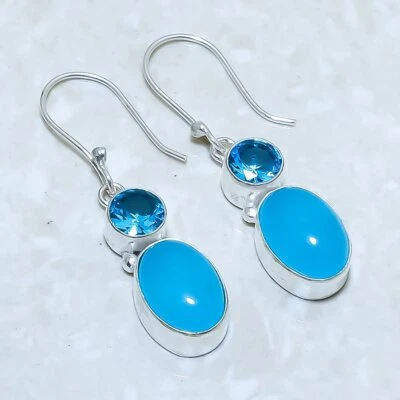 Pendiente de joyería de plata hecho a mano con piedras preciosas de topacio azul de ónix azul 1,8" ERJ14211 Foto 1 de 2