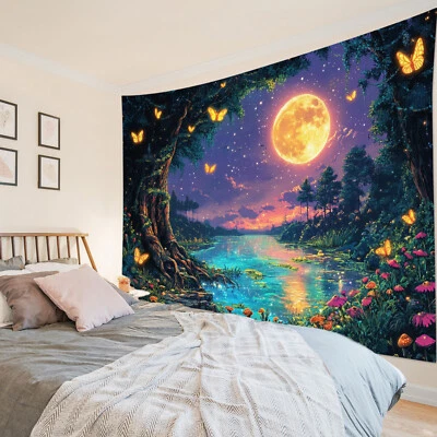 Yellow Butterfly Starry Moon Green Forest Tapestry for Bedroom Living Room Dorm - Image 1 of 4