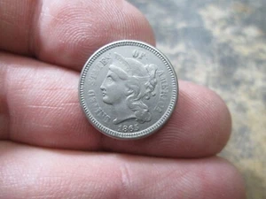 1865 3 CENT NICKEL IN ABOUT UNCIRCULATED CONDITION - Picture 1 of 2