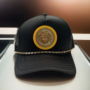Custom Black Trucker Hat with Gold Medusa Design and Chain Accent -YD Versac - Picture 1 of 9