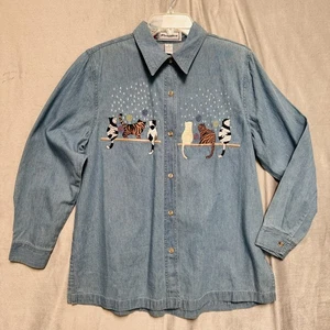 Passion Hemd Damen klein blau Denim Chambray bestickt Katzen Button Down - Bild 1 von 8