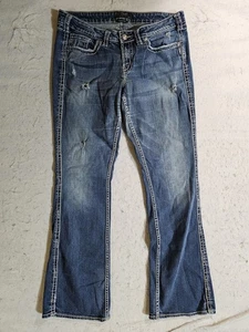 Pantalones de mezclilla plateados azules retorcidos Bootcut Western desgastados para mujer talla 16 entrepierna 33 - Imagen 1 de 11