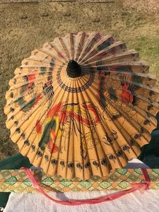 Ombrellone di carta drago e gallo cinese colorato vintage raro - Foto 1 di 10