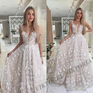 A-line Wedding Dresses Tulle Sweetheart Sleeves Bridal Gown Applique Custom Made - Picture 1 of 7