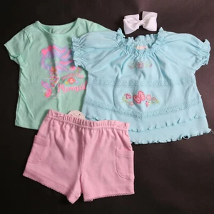 GIRLS INFANT 4 PIECE SET INCLUDES 2 SUMMER SHIRTS, SHORTS AND BOW 3-6M NWT - Picture 1 of 10