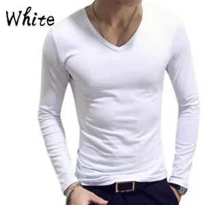 Men T-shirt Long Sleeve Pullover V-Neck Turtleneck Polyester Slim Bassic Tops - Picture 1 of 16