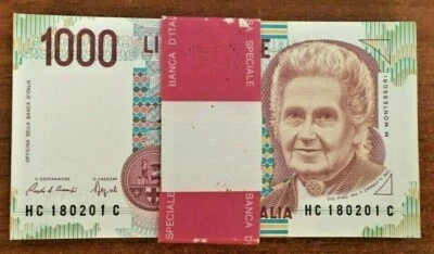 ITALY 1000 LIRE P-114c 1990 x 100 Pcs Lot BUNDLE MONTESSORI Pre EURO UNC NOTE - Image 1 of 4