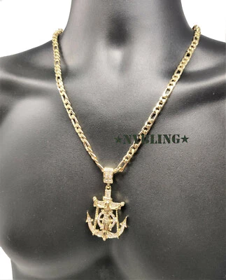 Colgante de ancla de Jesús enchapado en oro Hip Hop circonita cúbica con collar de cadena Figaro de 5 mm 24" Foto 1 de 2