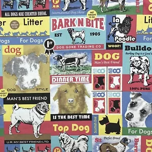 Cool Dog Bark n Bite Scene Cotton Drill Fabric 1/2 Yard - Bild 1 von 3