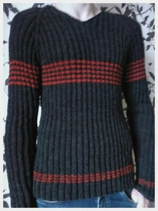 Hand Knitted Black Men's Wool Sweater with Red Stripped Handmade Style Pullover  - Picture 1 of 12