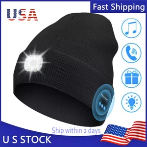 Unisex Bluetooth LED Beanie Hat with Music Speaker Mic Rechargeable Cap Headlamp - Picture 1 of 11