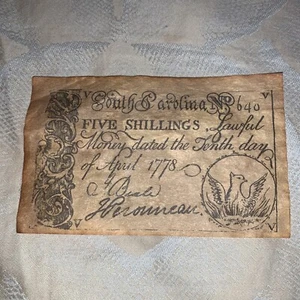 Vintage South Carolina  Five Shillings Note 1778 Parchment Reproduction - Picture 1 of 3