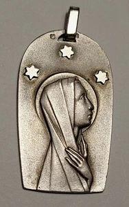ANCIENNE MÉDAILLE LA VIERGE PENDENTIF ARGENT MASSIF ÉTOILES EN RELIEF # K33 - Picture 1 of 3