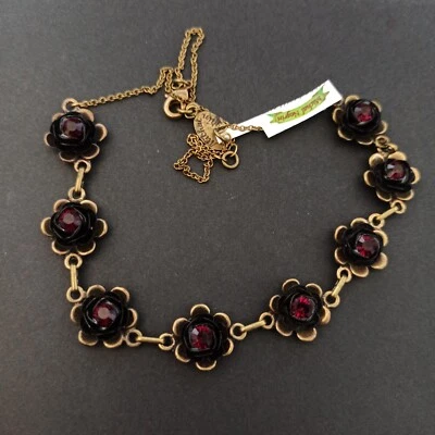 Michal Negrin Black Enamel Rose Necklace Red Crystals Adjustable Romantic VTG St - Image 1 of 4