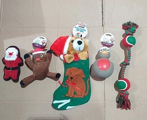 Festive Stocking, Squeaky Robin, Balls On Rope, Squeaky Plush Santa & Reindeer - Picture 1 of 6