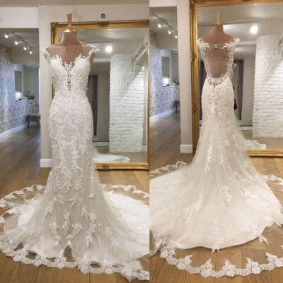 Vestido de novia bohemio tren de corte vestidos de novia sin espalda apliques de encaje sirena Foto 1 de 4
