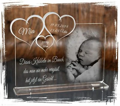 COLLAGEN MIT HERZ 1 Aufsteller Acrylglas inkl. Gravur (Foto + Text) - Taufe / Geburt / Hochzeit D2