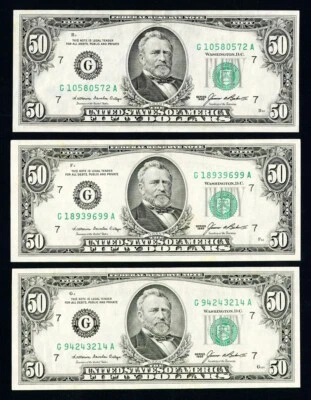 1985 (3) $50 BILLS HIGH QUALITY CHICAGO FEDERAL RESERVE BANK ULYSSES S. GRANT - Image 1 of 2