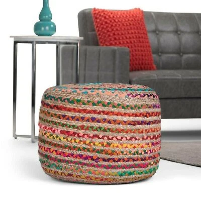 Ottoman Pouffe Cover Braided Jute Cotton Foot Stool Cover Home Modern Room Pouff - Image 1 of 4