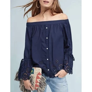 Isabella Sinclair Anthropologie Off-the-Shoulder Cotton Eyelet Top Navy Size L - Picture 1 of 15