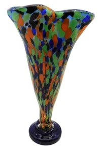 Vintage Blue Confetti Paint Splatter Art Flower Glass Vase Urn Pinch Rim 11 Inch - Picture 1 of 8