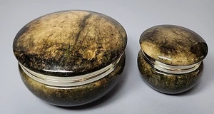 Italy Carved  Green Alabaster Stone Gold Gild Jewelry Trinket Boxs Pair Of 2 - Picture 1 of 6