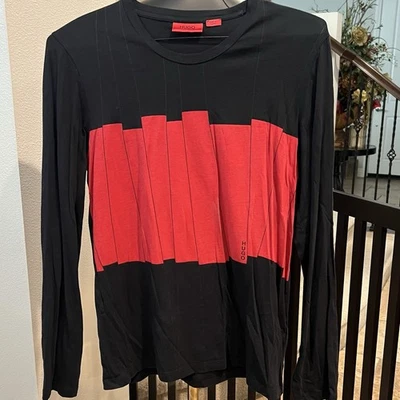 HUGO BOSS T-Shirt 2 Tone Red Black Spell Out Long Sleeve - MEN SIZE M - Image 1 of 4