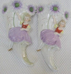Set 2 tasche da parete vintage Cornucopia Made in Germany #8815 bambina e fiori - Foto 1 di 6