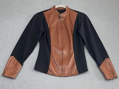 Chaqueta de Cuero Cache con Cremallera Marrón Negra Moto Puño con Cremallera Urbana Chic Calle Hecha en EE. UU. Foto 1 de 4