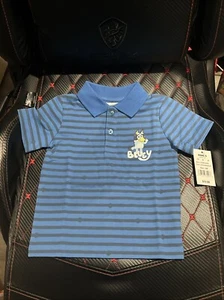 New 12 Month Boy BLUEY Striped Graphic Polo Shirt Blue with Black Stripes - Picture 1 of 4