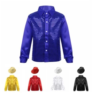 Kids Boys Girls Shiny Sequins Shirt Jazz Latin Street Dance Top Disco Jacket+Hat - Picture 1 of 54