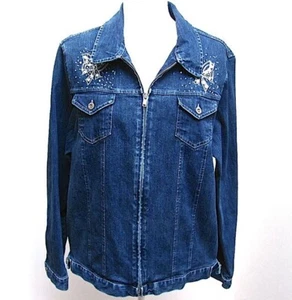 Sag Harbor Blue Denim Jean Jacket Zippered Beaded Embroidered Womens Size 16 - Picture 1 of 13