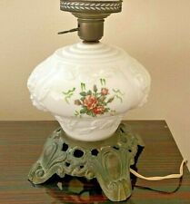 VTG WHITE MILK GLASS GWTW Hurricane Parlor Floral LAMP BASE Embossed Puffy Roses