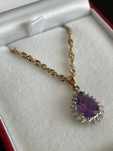 Vintage 18 inch 9ct Gold Singapore Chain Necklace & Amethyst Pendant 4.56 g