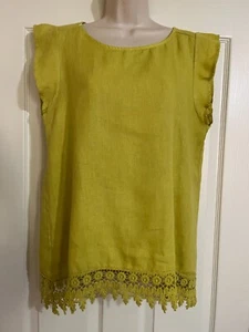 Terzo Millennio Italy Linen Yellow Cap Sleeve Crochet Hem Tunic Top Medium - Picture 1 of 7