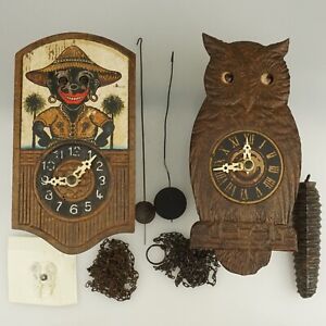 LOT 2x MOVING EYES Pendulette Clock African man Owl no repeater fusee duplex RAR