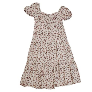 KIRIOUS Los Angeles midi dress cinched short sleeves M floral Milkmaid Cream  - Picture 1 of 7