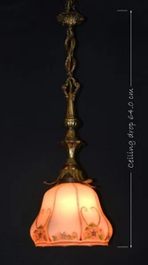 art deco gilt brass, bronze & Hand- painted Opaline glass pendant light C-1930s - Picture 1 of 21