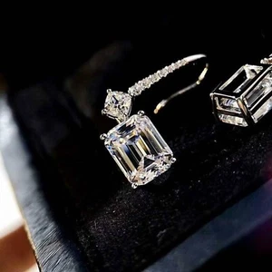 4 Ct Emerald Cut Lab-Created Diamond Drop/Dangle Earrings 14K White Gold Finish - Picture 1 of 6