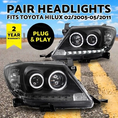 Head Lights Black DRL Projector Halo Angel Eyes Pair Fits Toyota Hilux 2005-2011 - image 1 of 4