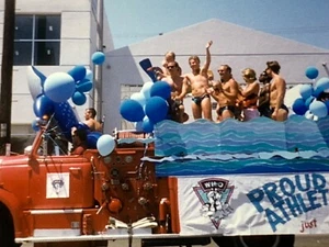 AvD) Found Photo Photograph Gay Pride Parade Fire Truck Pro Athletes Speedos - Picture 1 of 3
