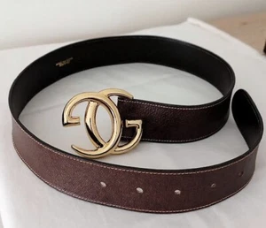 Vintage Gucci 80s Unisex Large GG Gold Tone Buckle Brown Leather Belt - Rare MIB - Picture 1 of 7