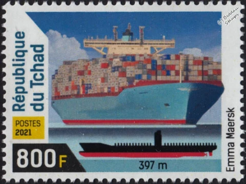 EMMA MAERSK Mærsk E-Class Container Cargo Ship Stamp (2021 Chad) Cover