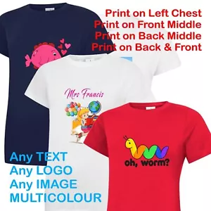 Personalised Children's T Shirt - Kids - Customised FULL COLOUR Text Logo Image - Picture 1 of 19