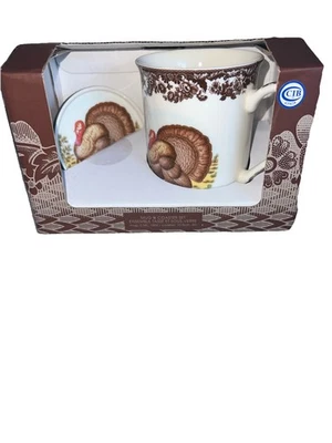New Spode Woodland Thanksgiving Turkey Coffee Mug & Coaster Set - Image 1 of 3