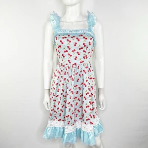 Body Line Light Blue Cherry Print A-Line Dress One Size Pin Up 50s Retro - Picture 1 of 9