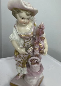 Vintage Lace Porcelain Figurine Lady with Grapes Dresden-Style Unmarked - Picture 1 of 9
