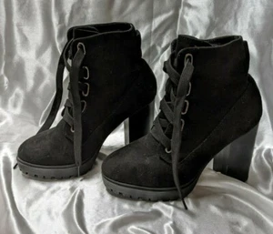 Women's Soda Lace Up Ankle Booties Boot Block High Heel Platform Round Toe Black - Picture 1 of 5